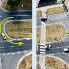 Dwa rodzaje zawracania na egzaminie: na lewym zdjęciu zawracanie z pasa ruchu, na prawym z pasa do skrętu w lewo.