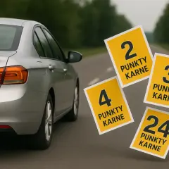 Srebrny samochód na drodze, obok unoszą się kartki z informacją, ile punktów karnych można mieć: 2, 3, 4 i 24.