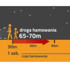 Ilustracja przedstawia samochód jadący 100 km/h i odległości potrzebne do zatrzymania, z pieszymi.