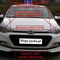 Biały samochód z zaznaczonymi światłami: kierunkowskazy, awaryjne, mijania, drogowe, pozycyjne i do jazdy dziennej. Przydatne do nauki przed egzaminem na prawo jazdy.