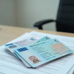 Na biurku leżą dokumenty, w tym e prawko EU z portretem mężczyzny.