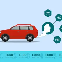 Czerwony samochód emituje dym z wydechu, który jest analizowany pod kątem zanieczyszczeń (CO, HC, NOx, PM). Poniżej widoczne są normy emisji spalin: EURO 1 do EURO 6. Dowiedz się, jak sprawdzić EURO w aucie.