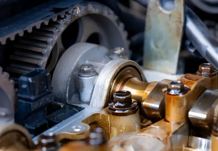 Zbliżenie na mechanizm rozrządu diesla z paskiem i kołami zębatymi. Pytanie: co ile wymieniać rozrząd w dieslu?