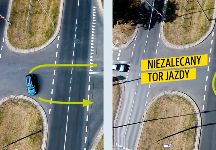 Na skrzyżowaniu można zawracać, jeśli tor jazdy jest prawidłowy. Unikaj niezalecanego toru jazdy, by zapewnić bezpieczeństwo.