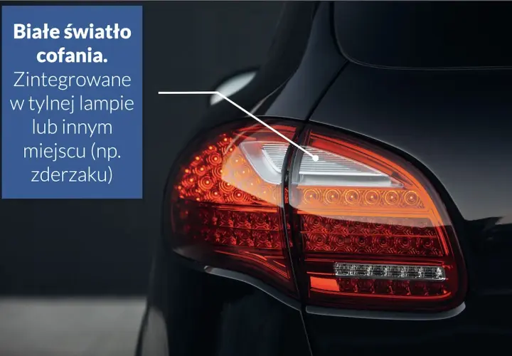 Białe światło cofania zintegrowane w tylnej lampie. Widać jego biały element.