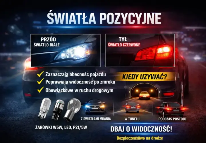 Kiedy światła pozycyjne są włączone, poprawiają widoczność pojazdu po zmroku i są obowiązkowe w ruchu drogowym.