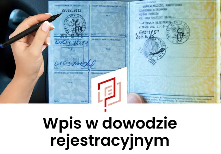 Ręka z długopisem nad dowodem rejestracyjnym. Wpis w dowodzie rejestracyjnym, gaz-lpg, data 2011.11.25.