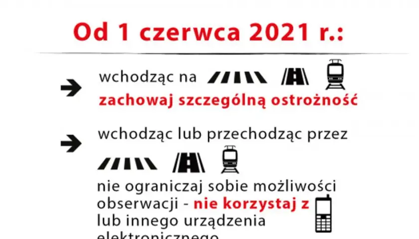 Od 1 czerwca 2021 r. wchodząc na tory lub przechodząc przez przejście, zachowaj szczególną ostrożność. Nie korzystaj z telefonu.