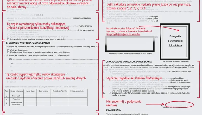 Wniosek o wydanie prawa jazdy: wypełnij sekcje dotyczące danych, kwalifikacji i opłat. Pamiętaj o dołączeniu fotografii.