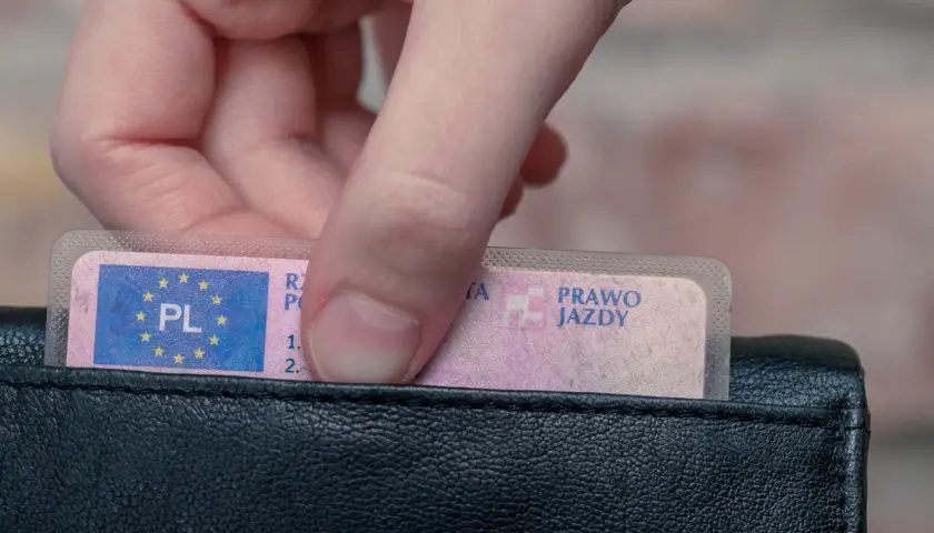 Dłoń wkłada do czarnego portfela polskie prawo jazdy. Widoczny jest numer blankietu prawa jazdy.