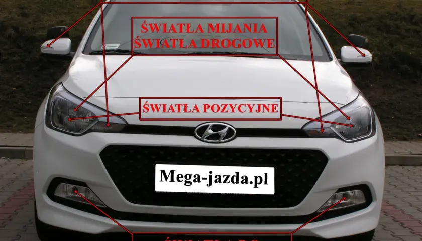 Biały samochód z zaznaczonymi światłami: kierunkowskazy, awaryjne, mijania, drogowe, pozycyjne i do jazdy dziennej. Przydatne do nauki przed egzaminem na prawo jazdy.