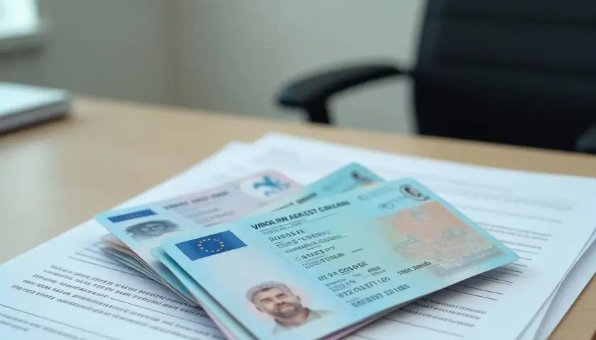 Na biurku leżą dokumenty, w tym e prawko EU z portretem mężczyzny.