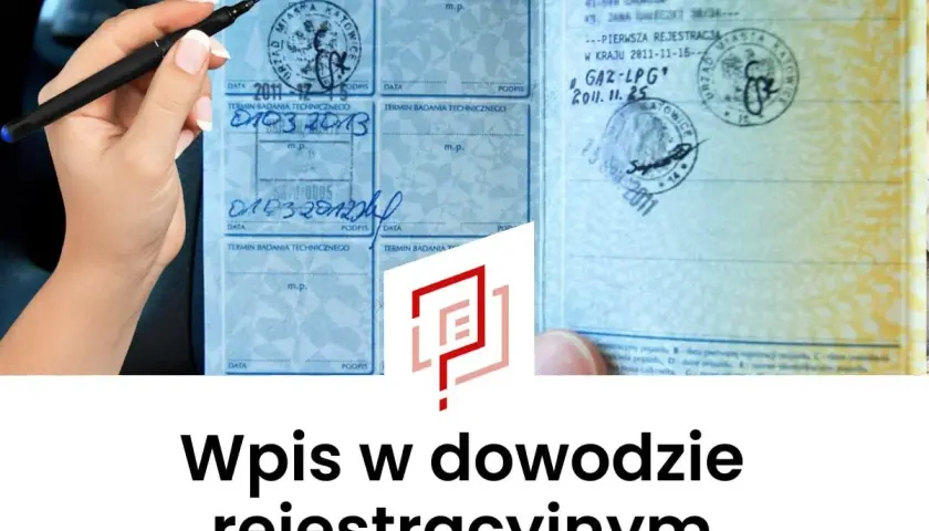 Ręka z długopisem nad dowodem rejestracyjnym. Wpis w dowodzie rejestracyjnym, gaz-lpg, data 2011.11.25.