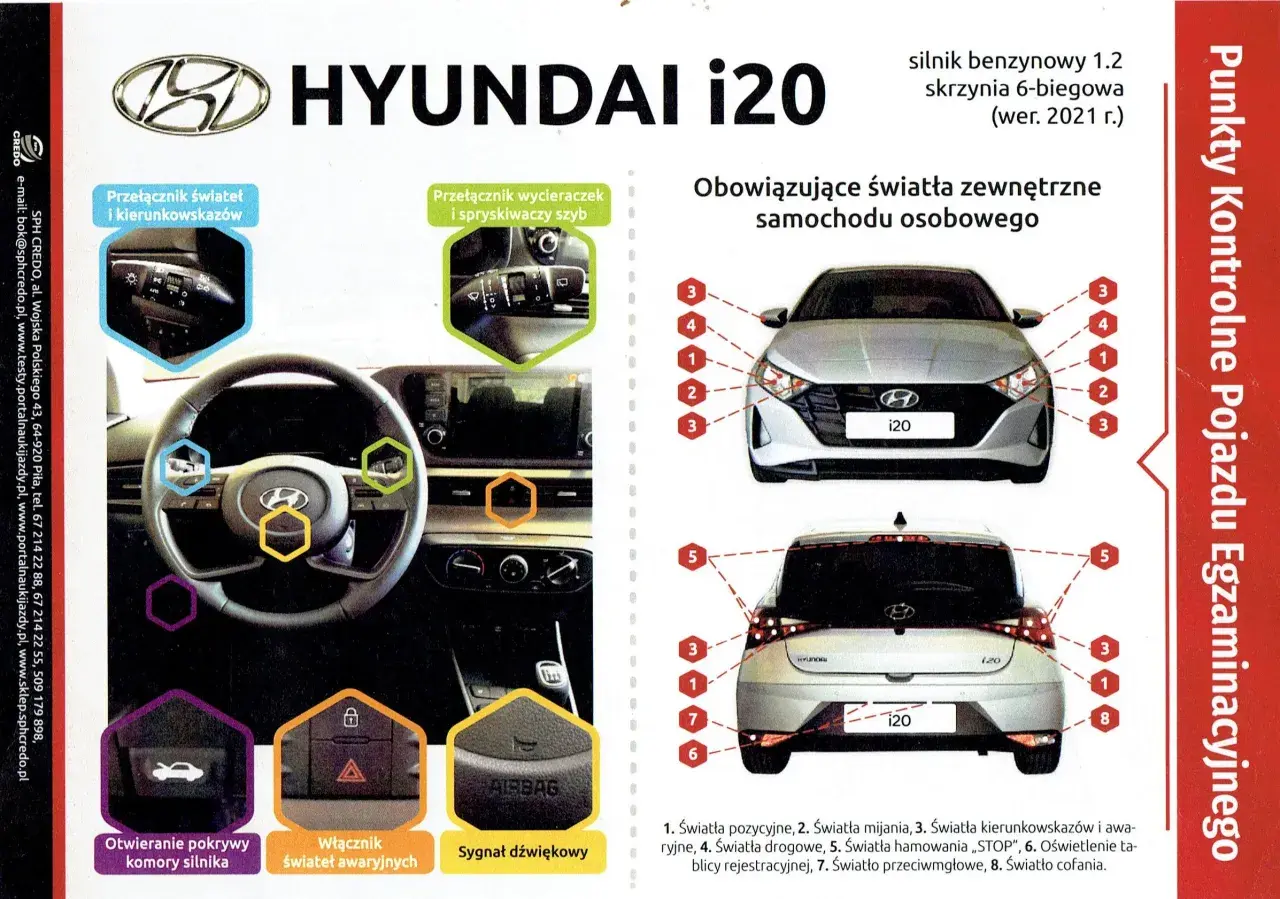 Na egzaminie z prawa jazdy na Hyundai i20 poznasz obsługę świateł: pozycyjnych, mijania, kierunkowskazów, awaryjnych i przeciwmgielnych.