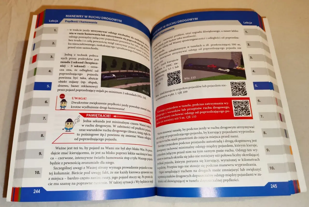 Jak wygląda kurs na prawo jazdy? Podręcznik omawia zasady bezpiecznej jazdy, odległości między pojazdami i hamowania.