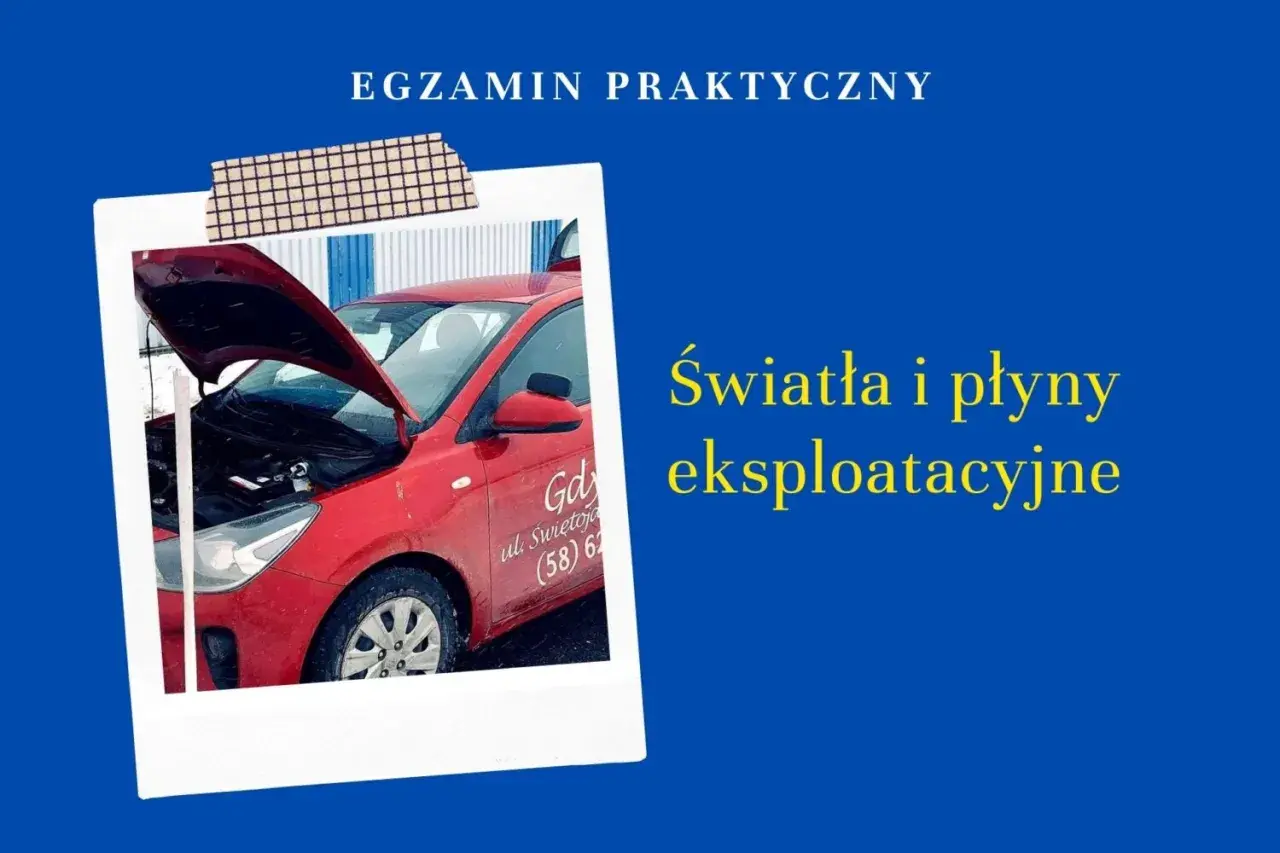 Czerwone Kia Rio z otwartą maską. Na drzwiach widnieje napis "Gdynia ul. Świętojańska (58) 6...". Obok tekst "Światła i płyny eksploatacyjne". Ile jest świateł pozycyjnych w Kia Rio?