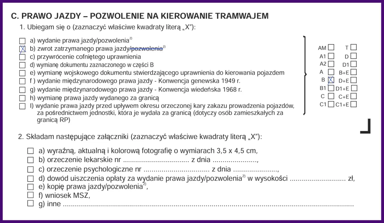 Formularz wniosku o zwrot zatrzymanego prawa jazdy. Zaznaczono opcję "zwrot zatrzymanego prawa jazdy/pozwolenia".