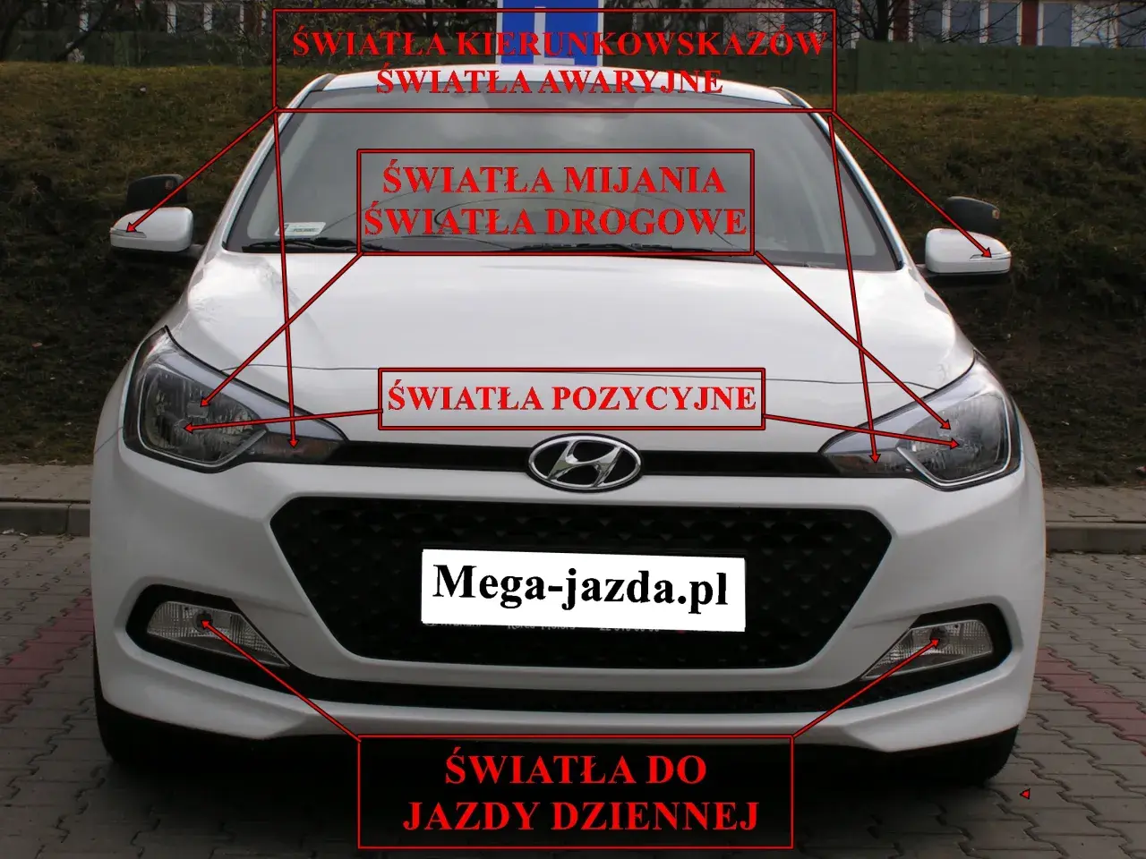 Biały samochód z zaznaczonymi światłami: kierunkowskazy, awaryjne, mijania, drogowe, pozycyjne i do jazdy dziennej. Przydatne do nauki przed egzaminem na prawo jazdy.