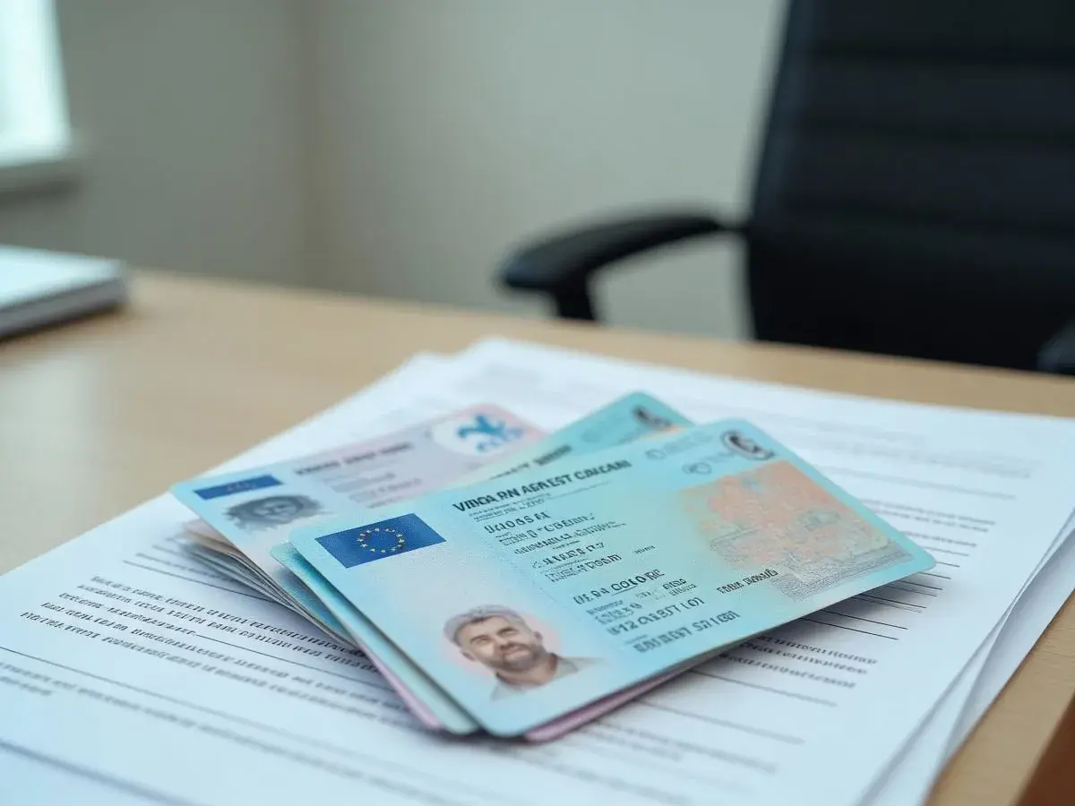 Na biurku leżą dokumenty, w tym e prawko EU z portretem mężczyzny.