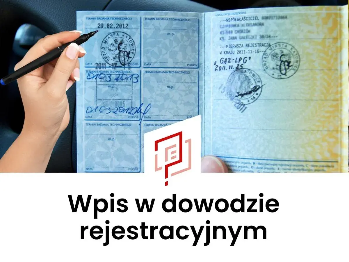 Ręka z długopisem nad dowodem rejestracyjnym. Wpis w dowodzie rejestracyjnym, gaz-lpg, data 2011.11.25.