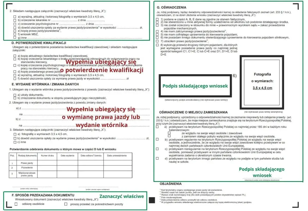 Wniosek o wymianę prawa jazdy kat. B. Dokument zawiera pola do wypełnienia, oświadczenia i miejsce na zdjęcie.
