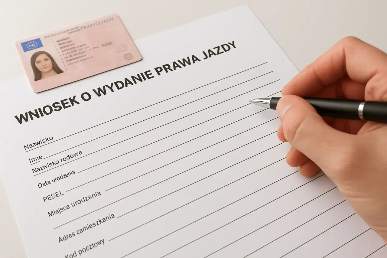 Ręka z długopisem wypełnia wniosek o wydanie prawa jazdy. Obok leży dokument prawa jazdy.