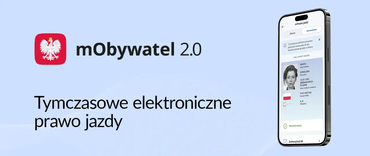 mObywatel 2.0: tymczasowe elektroniczne prawo jazdy do odbioru. Zobacz dane kierowcy Marty Kowalskiej na ekranie telefonu.