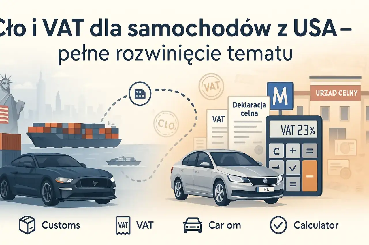 Jak obliczyć cło z USA? Ilustracja przedstawia proces importu samochodów z USA, cło, VAT, deklarację celną i kalkulator.