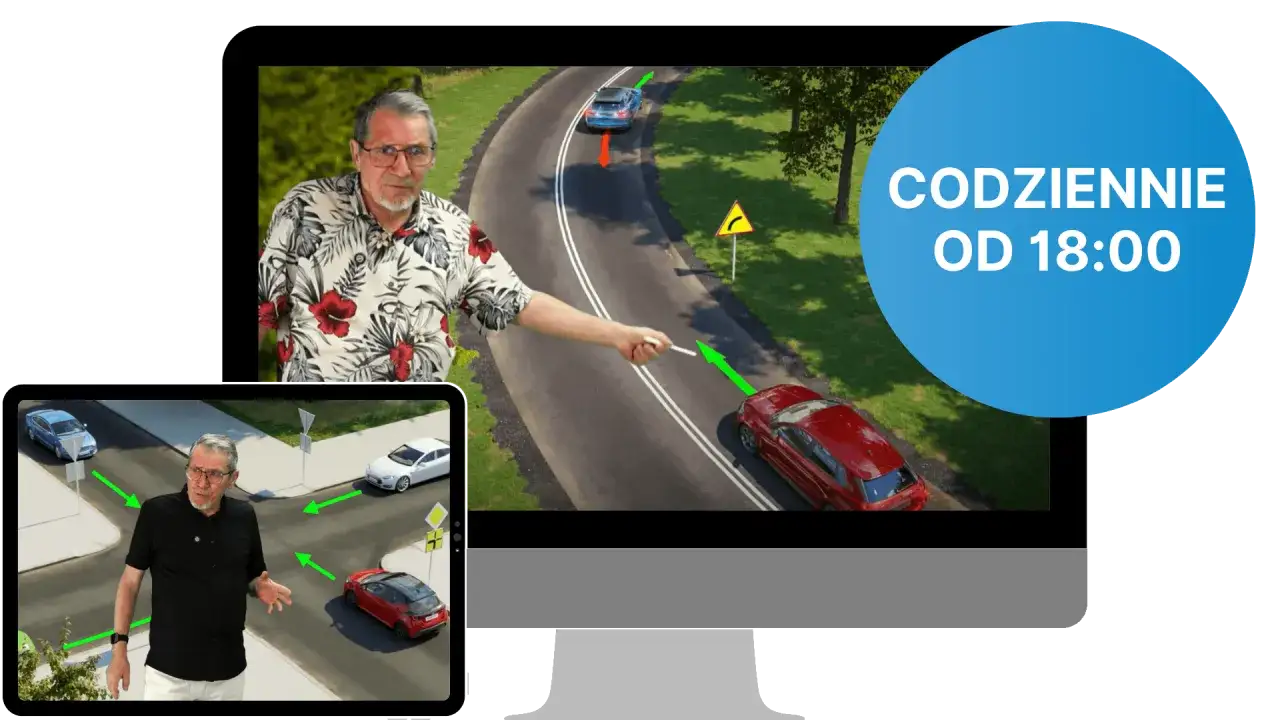 Nauczyciel wyjaśnia zasady ruchu drogowego na symulacji. Zapisz się na kurs prawa jazdy online i ucz się codziennie od 18:00!