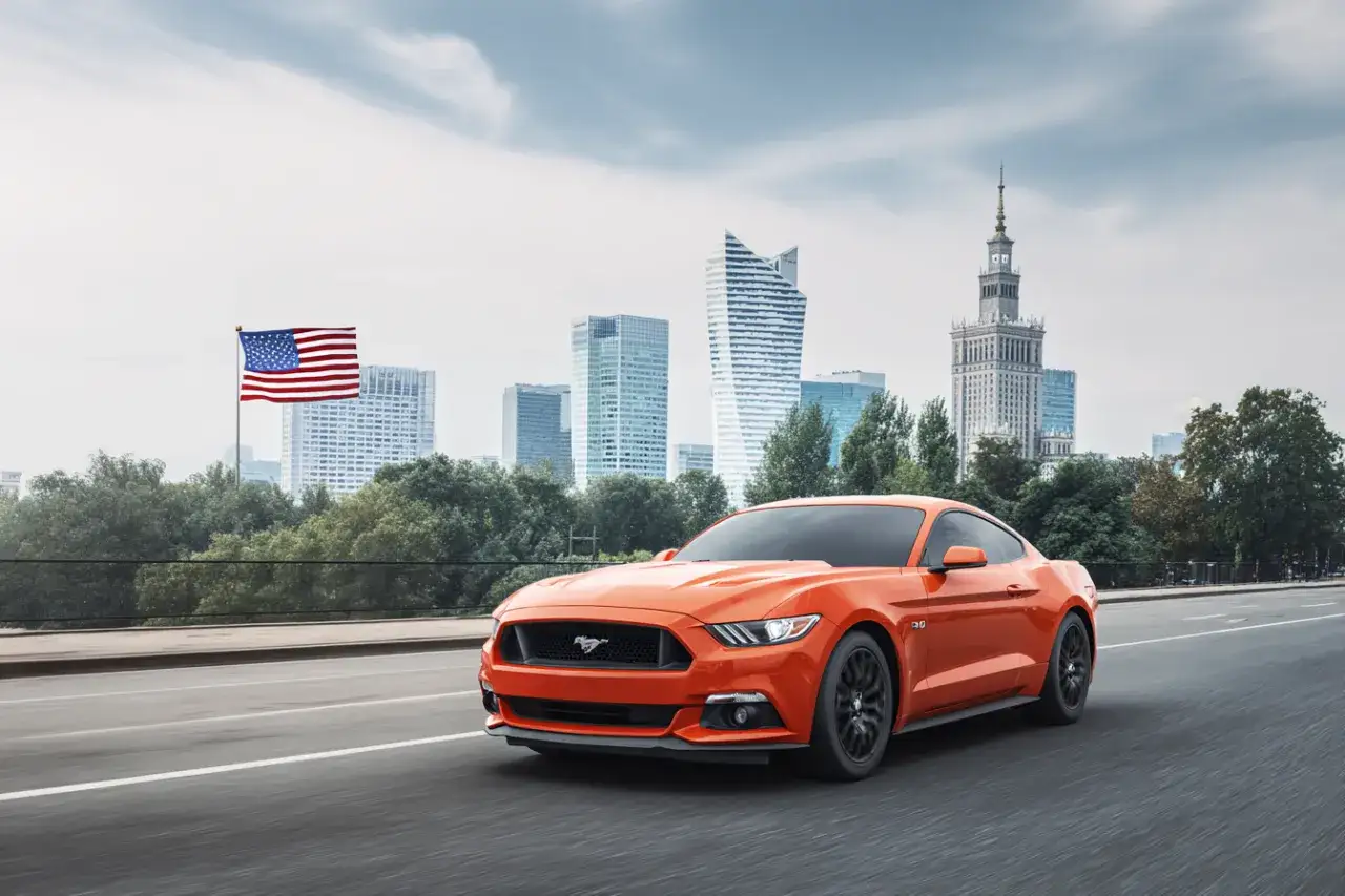 Pomarańczowy Ford Mustang z amerykańską flagą w tle. Zastanawiasz się, jak obliczyć cło z USA?