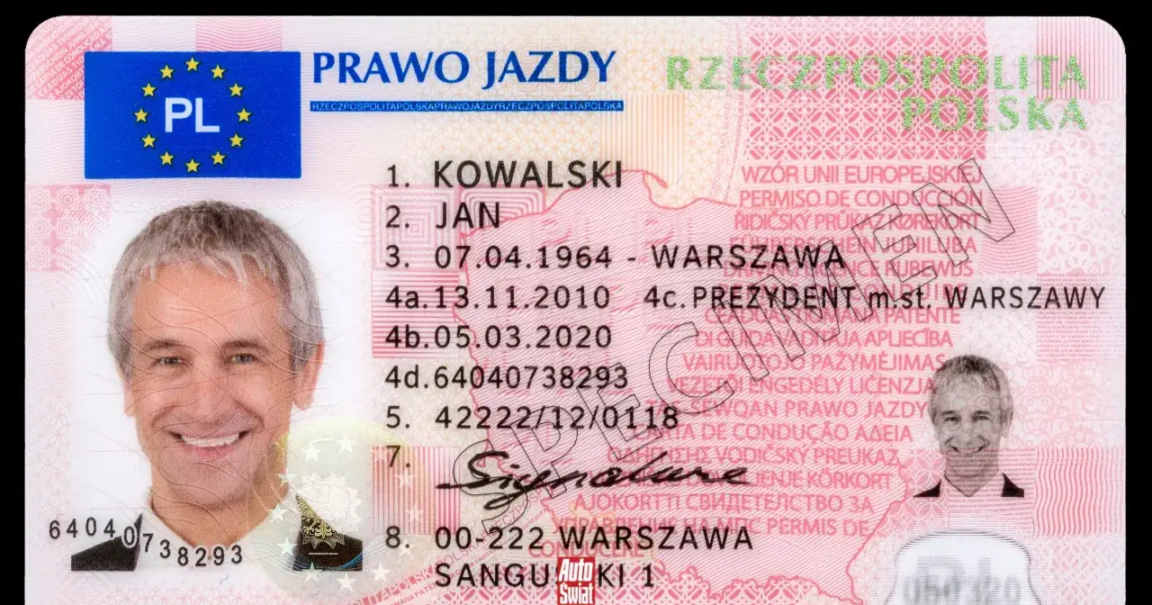 Polskie e prawko EU z danymi Jana Kowalskiego, urodzonego w 1964 roku w Warszawie.