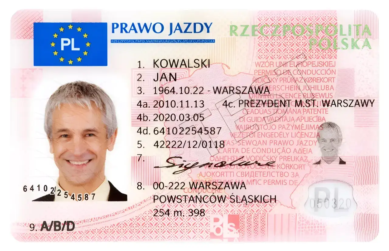 Zdjęcie polskiego prawa jazdy Jana Kowalskiego z datą wydania 2010.11.13 i ważnością do 2020.03.05. Widoczna jest fotografia mężczyzny i jego podpis.