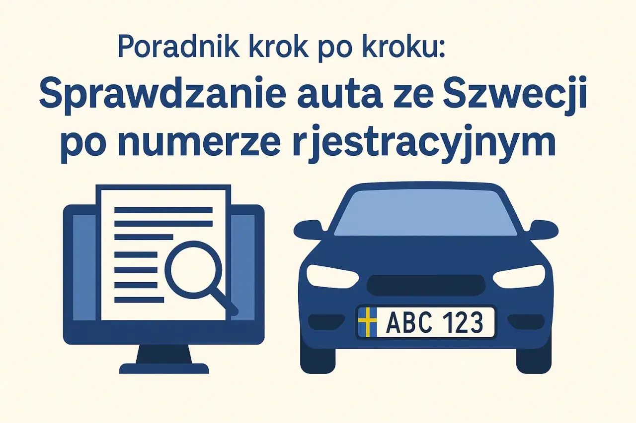 Poradnik jak sprowadzić auto ze Szwecji: sprawdzanie po numerze rejestracyjnym. Ilustracja komputera z dokumentem i lupą obok niebieskiego samochodu.