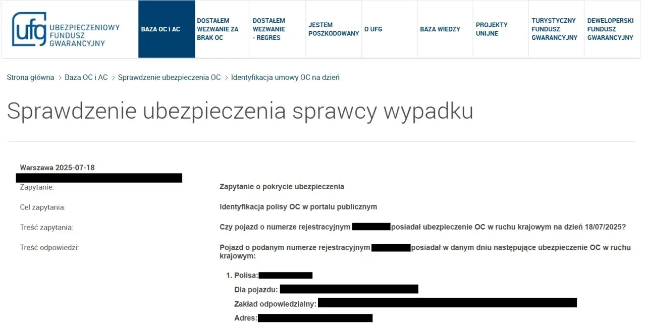 Strona UFG pozwala sprawdzić ubezpieczenie auta po rejestracji. Widoczny formularz służy do identyfikacji polisy OC.