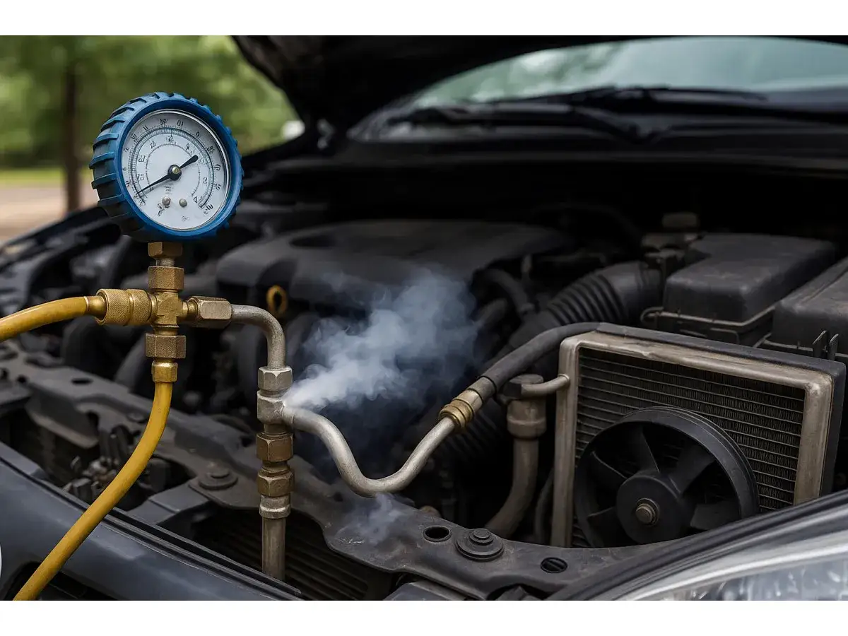 Manometr pokazuje ciśnienie w układzie klimatyzacji. Dym wydobywa się z rurki, sugerując problem z ilością czynnika do klimatyzacji.